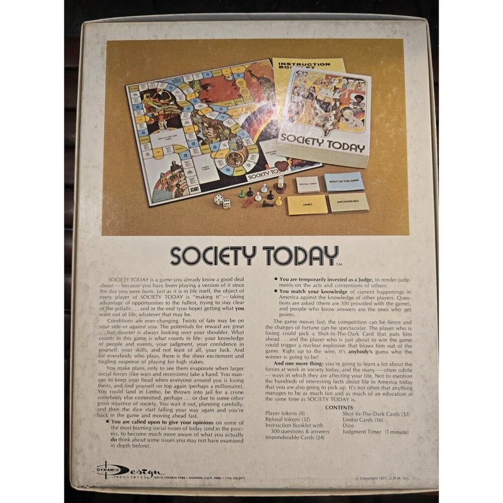 Society Today 1970 Vintage Board Game Playable No Dice